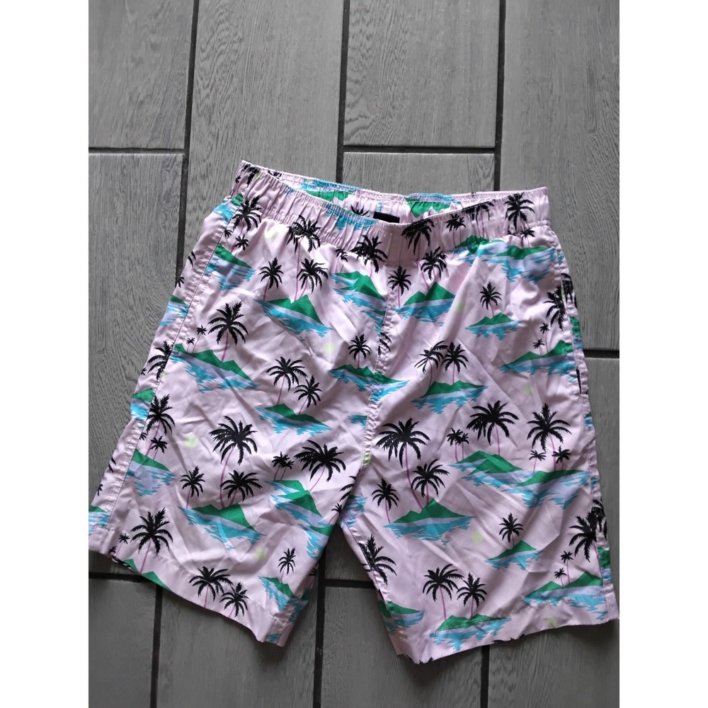 Laguna Originals Mens Pink Tropical Palm Tree Print Swim Trunks Mesh Lining M
